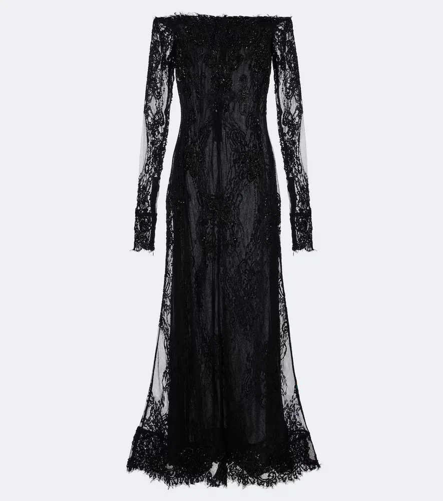 Embellished Off-Shoulder Lace Gown by Blumarine