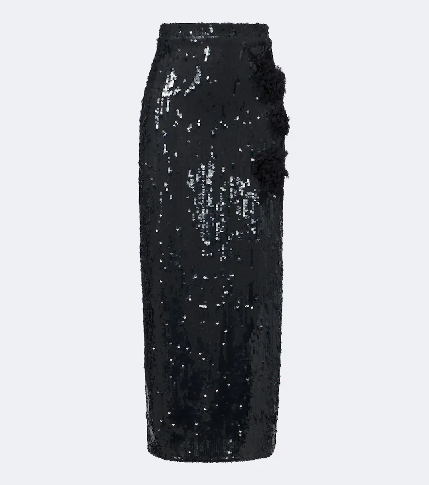 Floral-Appliqu Sequined Midi Skirt
