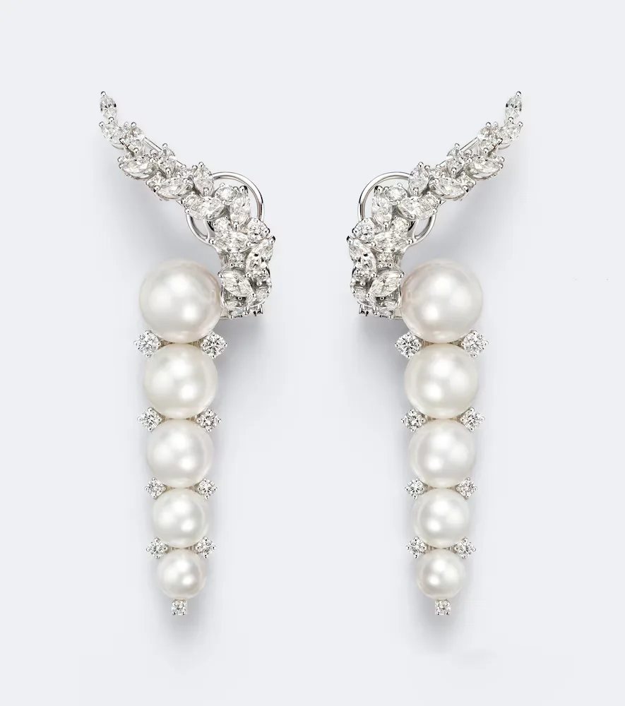Pearlescent 18kt White Gold Drop Earrings with Diamonds and Pearls by Yeprem