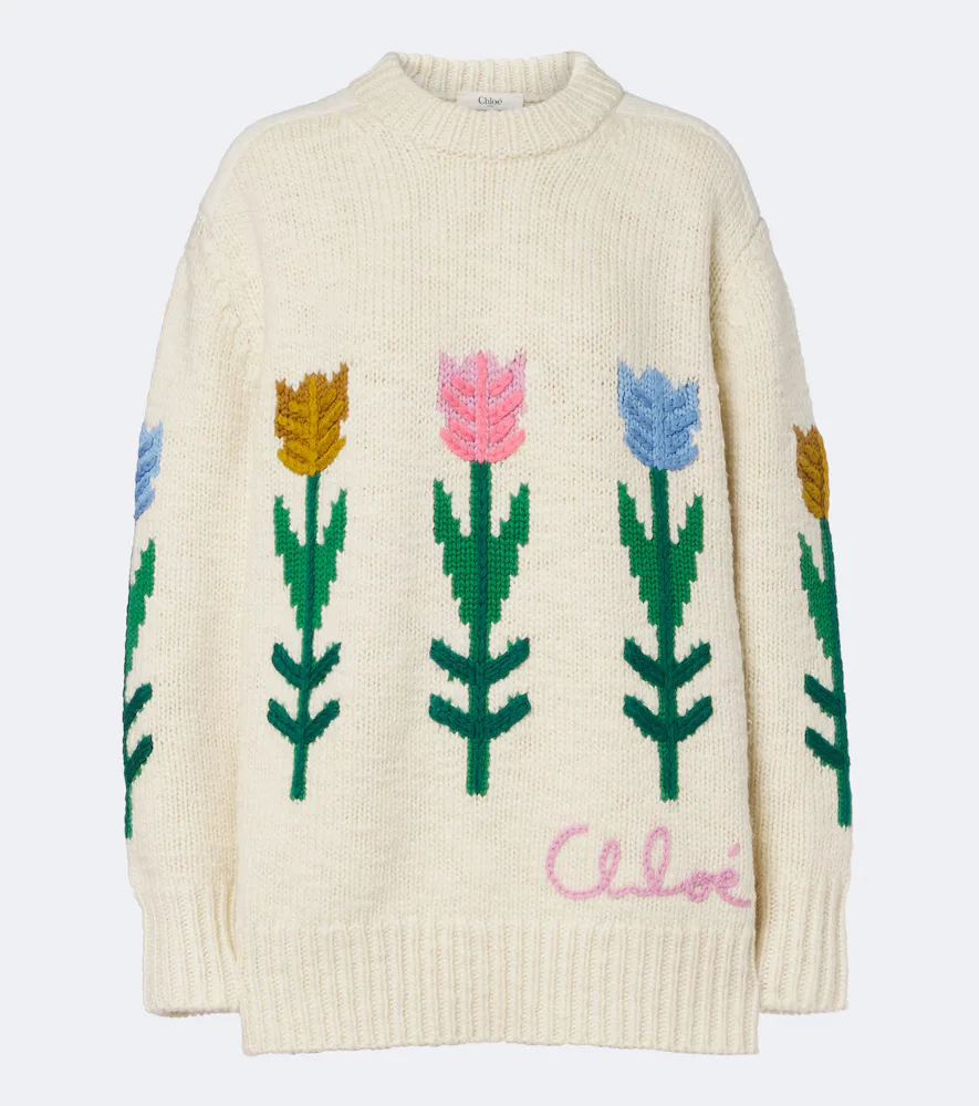 Floral Intarsia Oversized Wool Sweater by Chloé