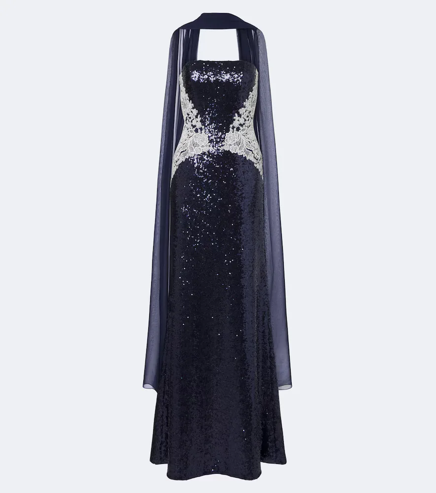 Scarf-Detail Sequined Bustier Gown by Costarellos