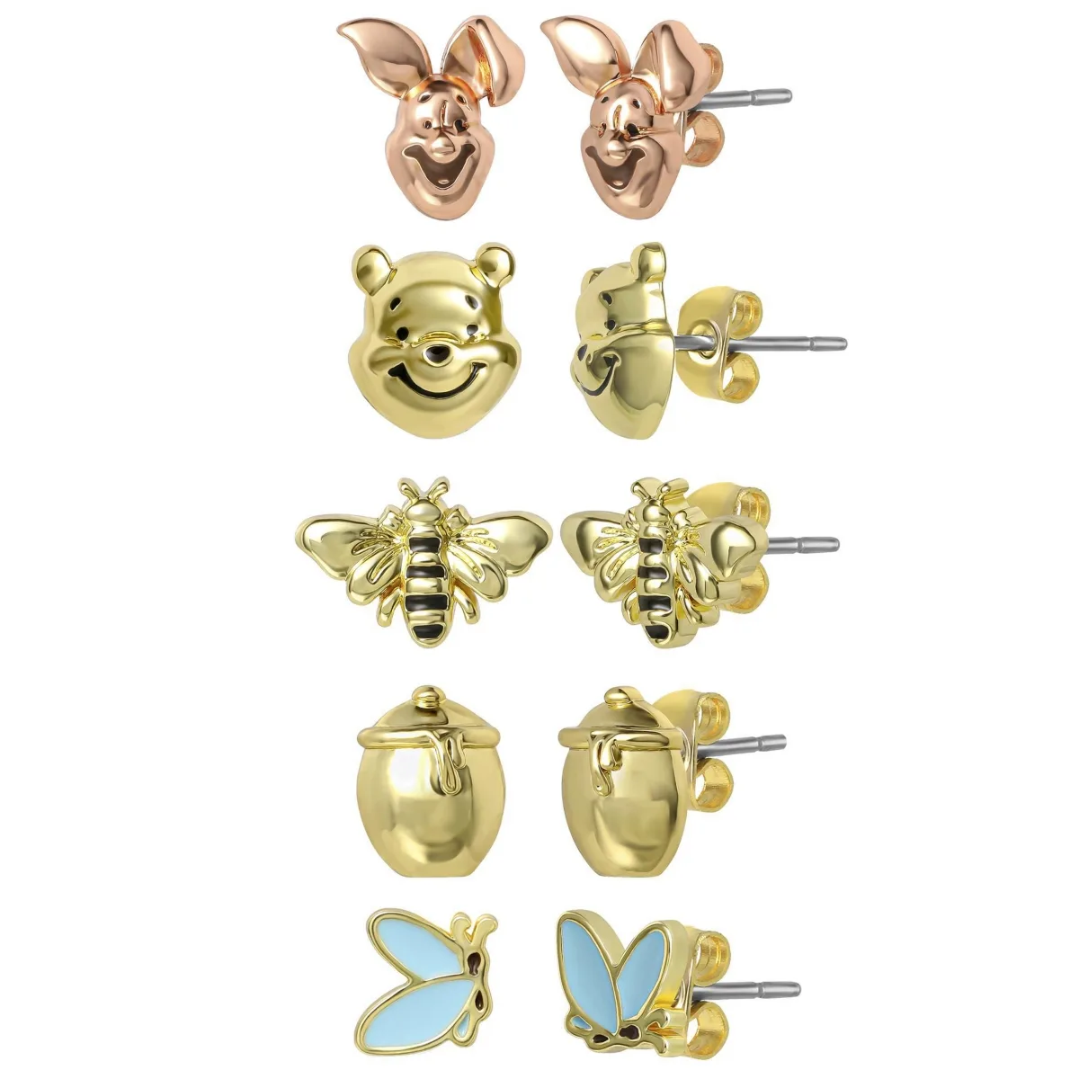 Winnie the Pooh Earrings Pack of 5 Official License, 18k Gold Flash Plate by Disney