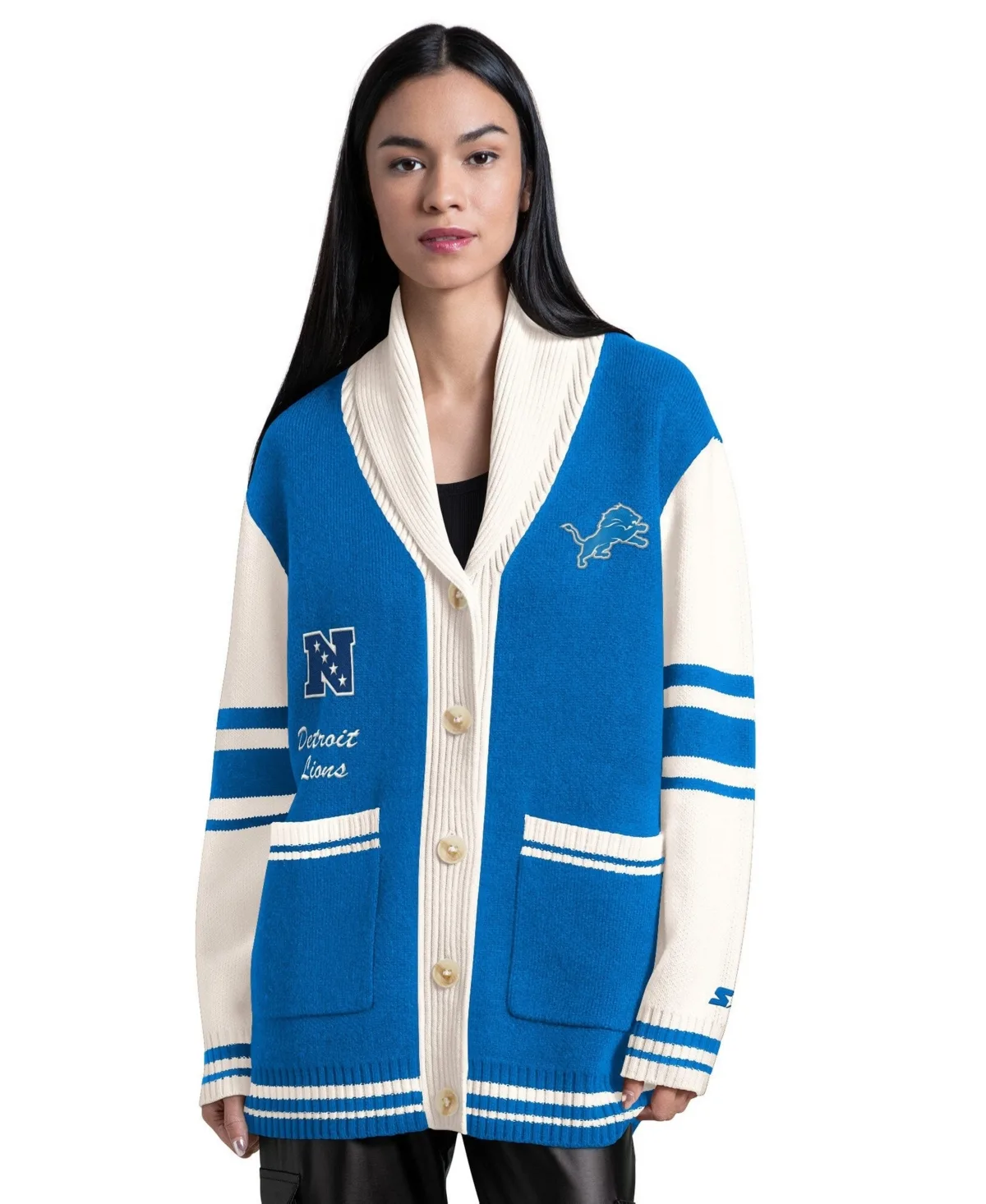 Detroit Lions Strike Zone Shawl-Collar Button-Up Cardigan Sweater by Starter