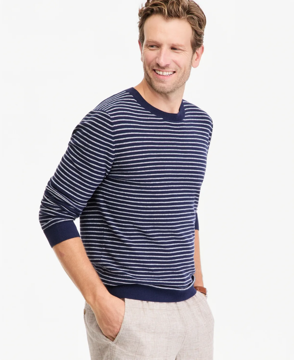 Striped Long-Sleeve Linen-Blend Crewneck Sweater by Club Room