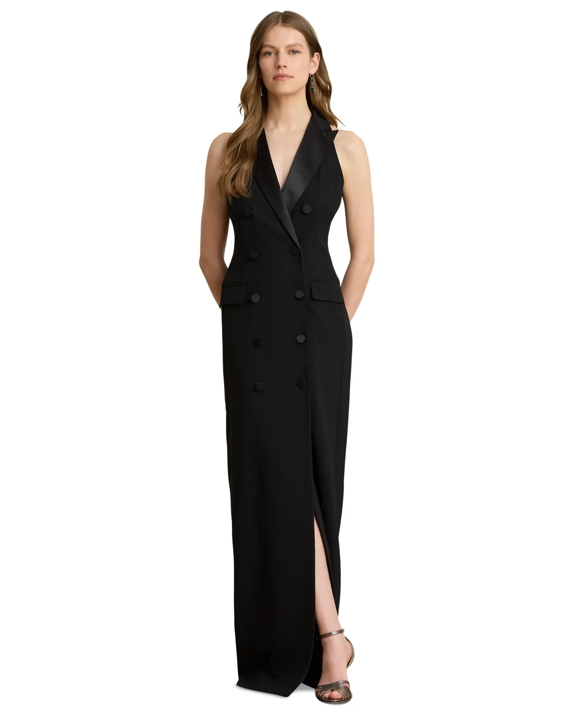 Lauren Ralph Lauren Double-Breasted Crepe Sleeveless Gown