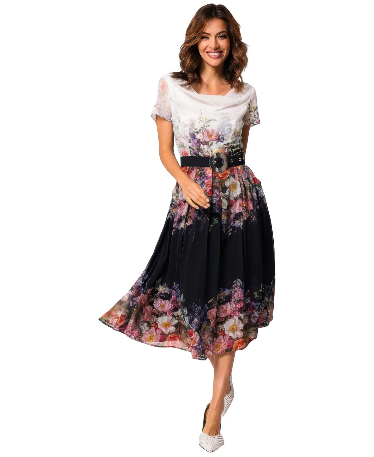 Julia Floral-Print A-Line Belted Midi Dress