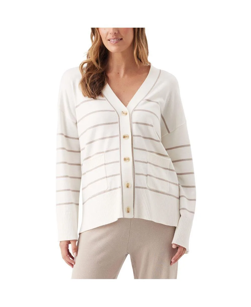 Ellis Stripe Knit Button Up Relaxed-Fit Long-Sleeve Cardigan - Stone
