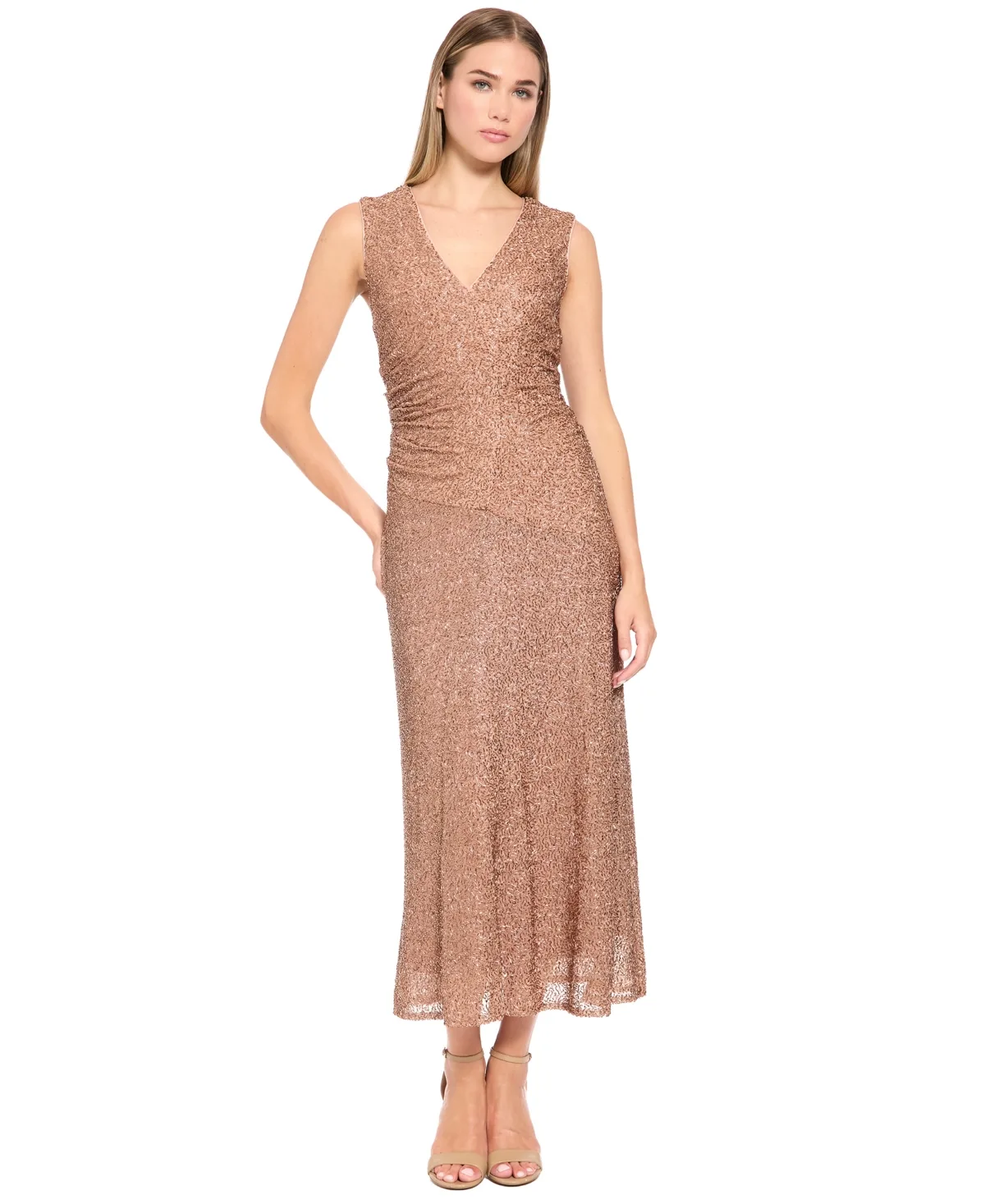 Sequin V-Neck Ruched Midi Dress by Luxely