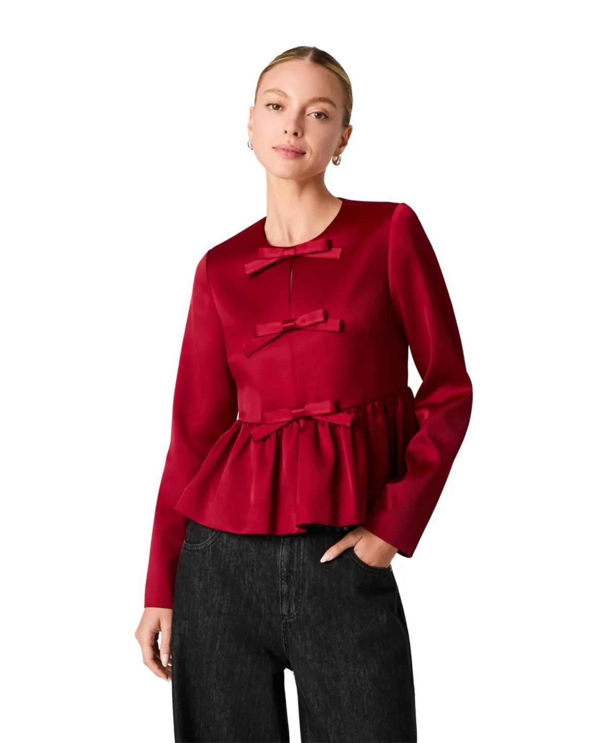 Carey Satin Peplum Bow Long-Sleeve Top by French Connection