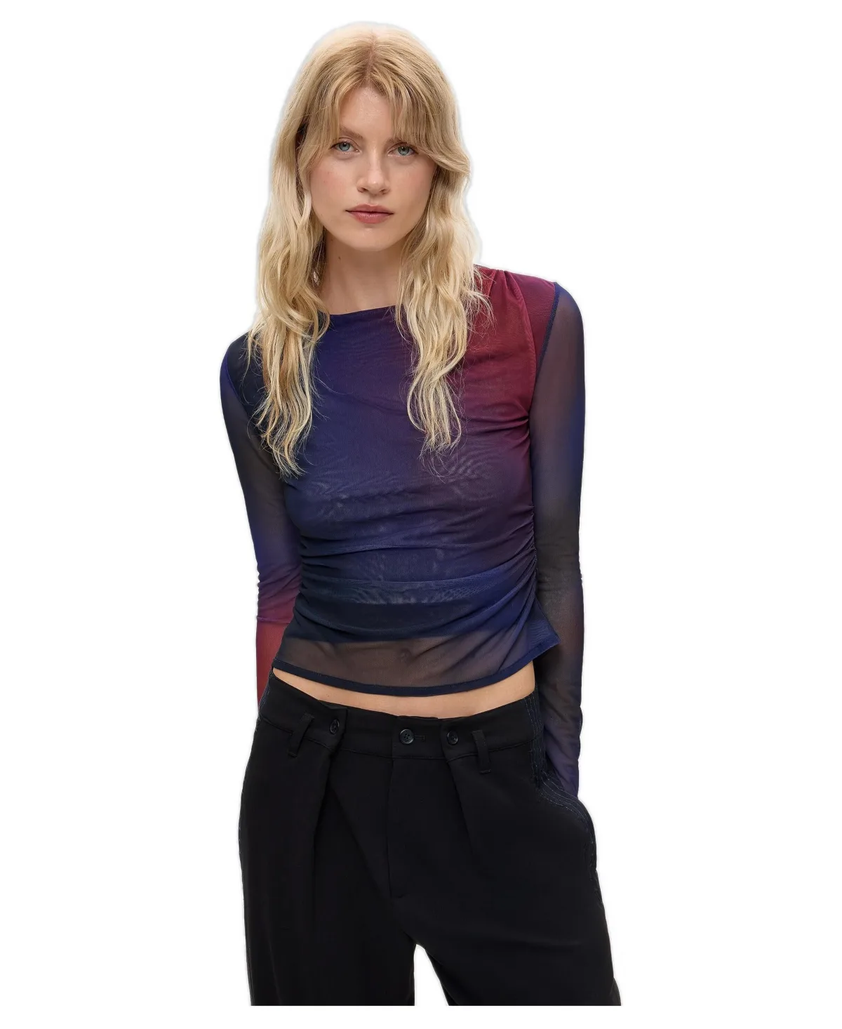 Long-Sleeve Draped Tulle T-Shirt