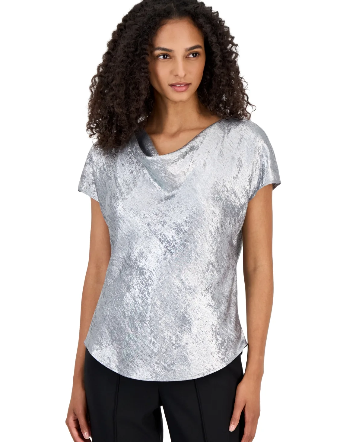 Cowl Neck Short-Sleeve Metallic Blouse