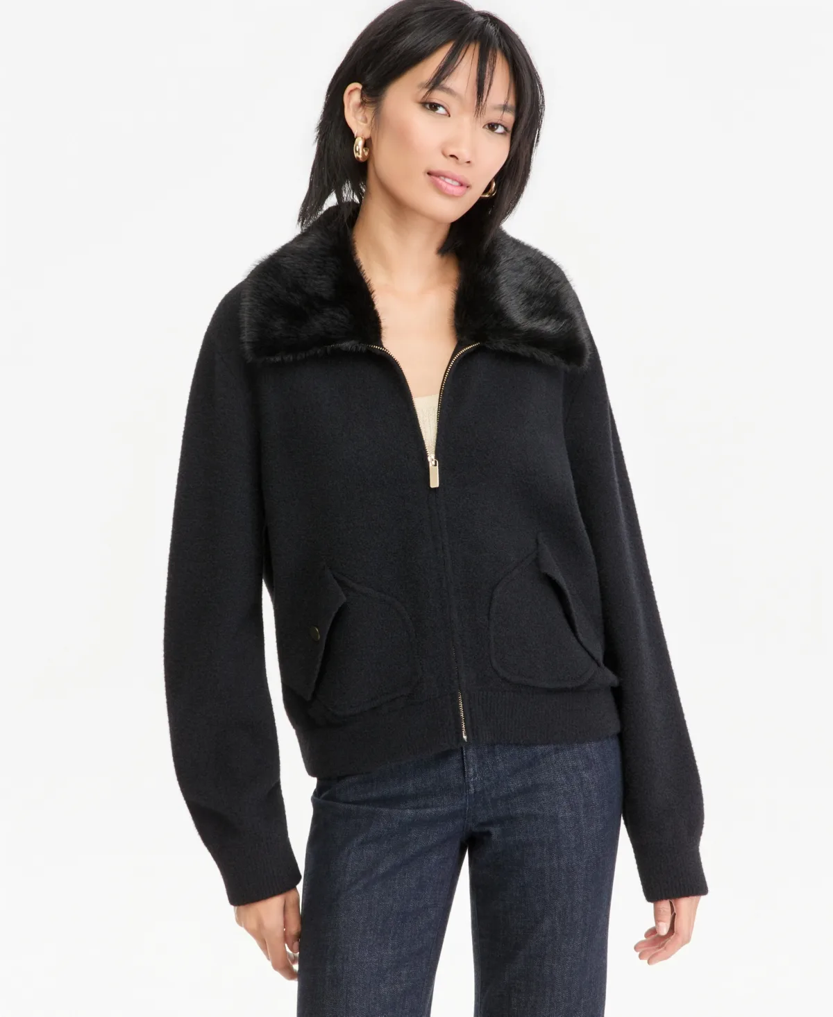Faux Fur-Collar Zip-Front Sweater Jacket