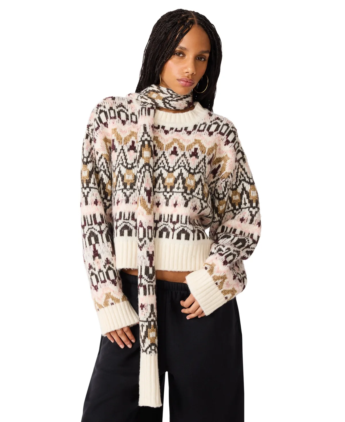 Mindie Fair Isle Crop Crewneck Sweater by Steve Madden