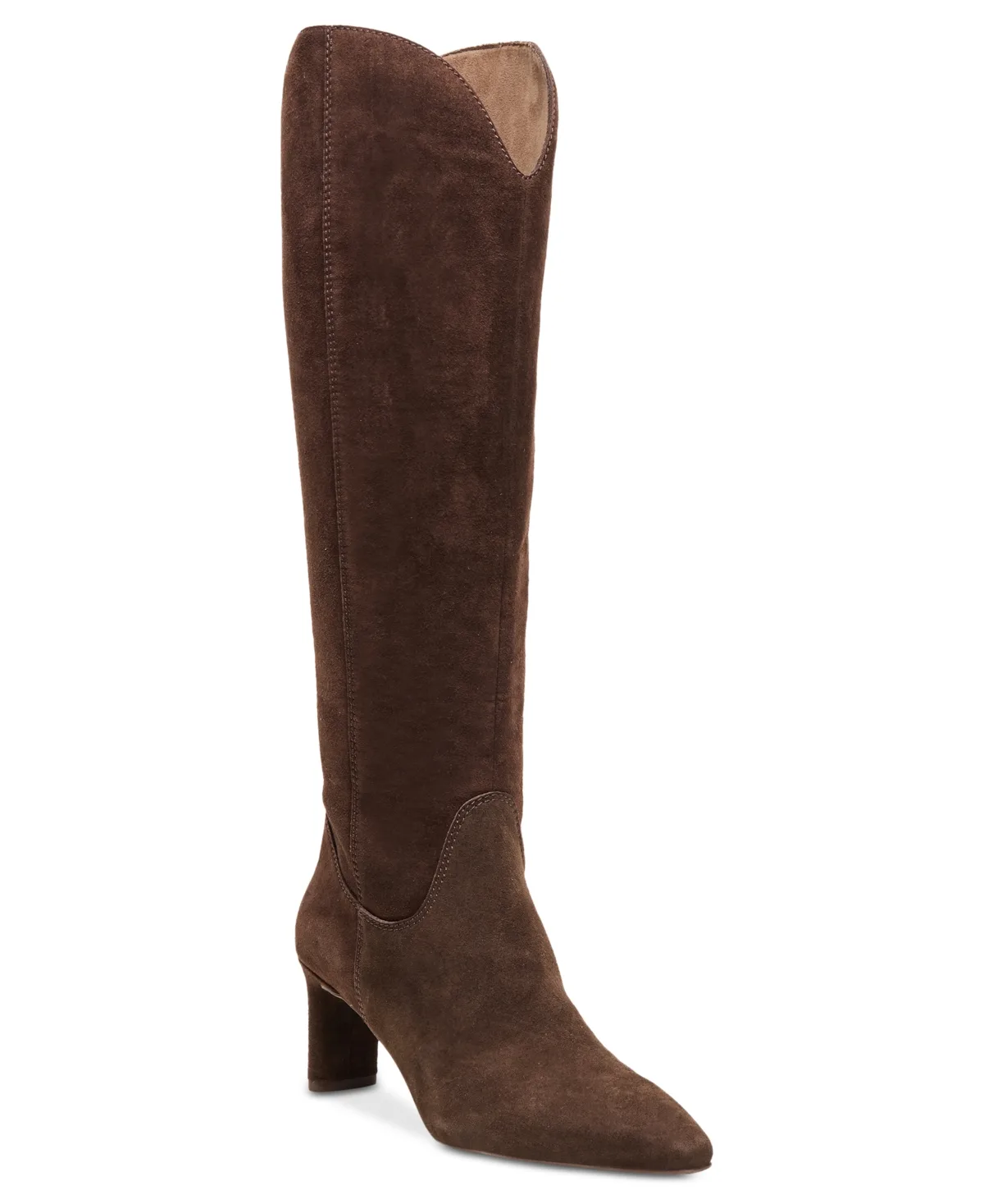 Gessy Scallop Cut Pointy Toe Block Heel Dress Boots - Dark Brown Suede by Dolce Vita