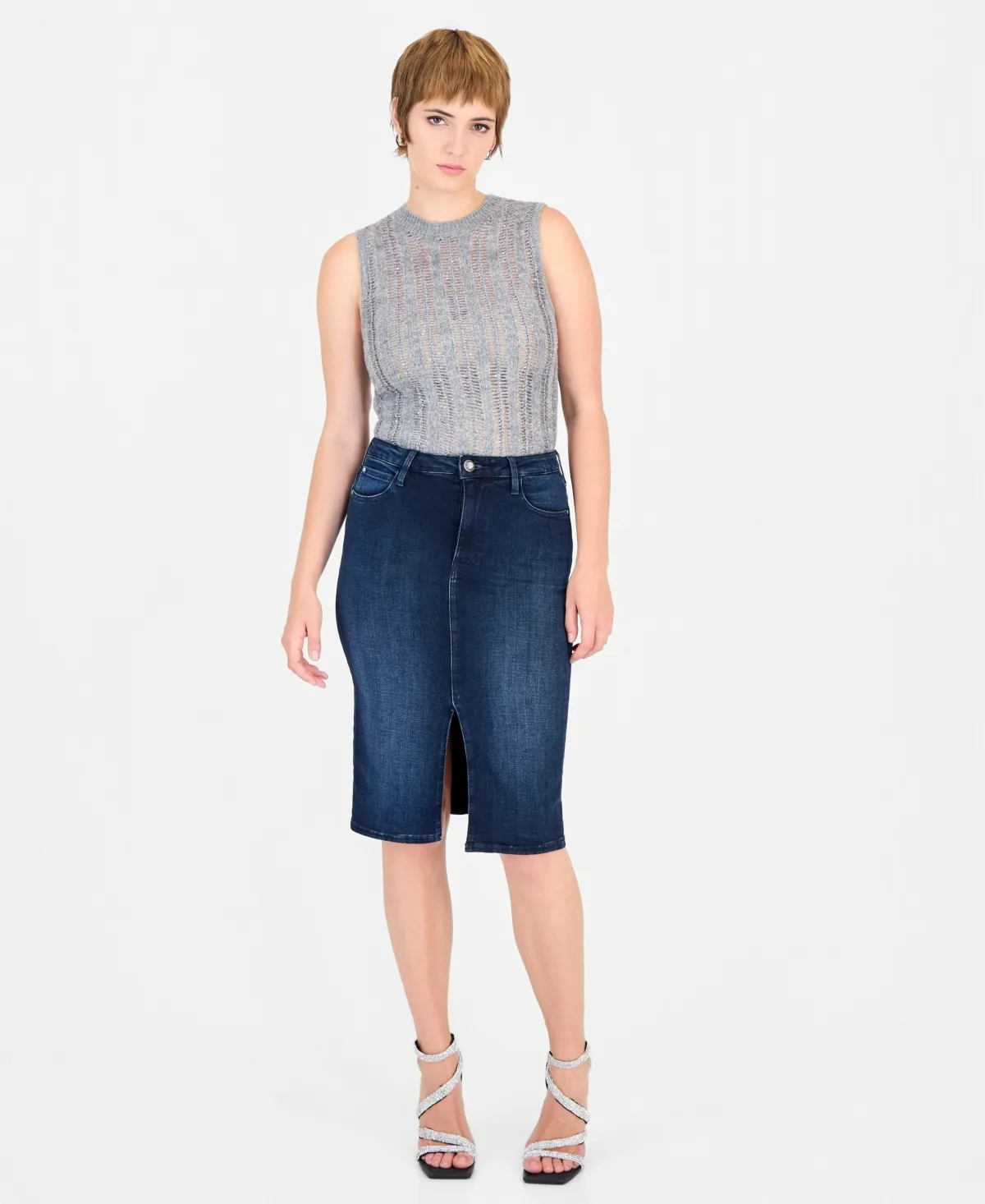 Millie Longuette High-Waisted Denim Knee-Length Skirt by GUESS