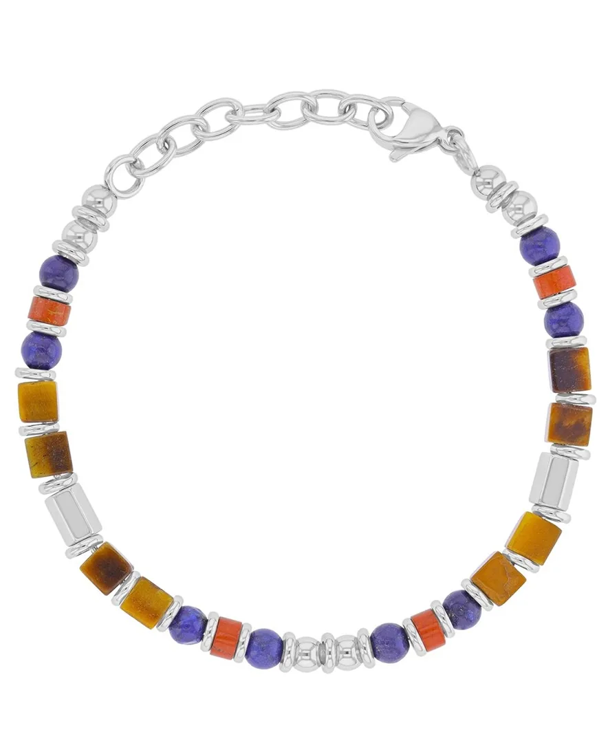 Platinum-Plated Steel Lapis Tiger Eye Marble Bracelet
