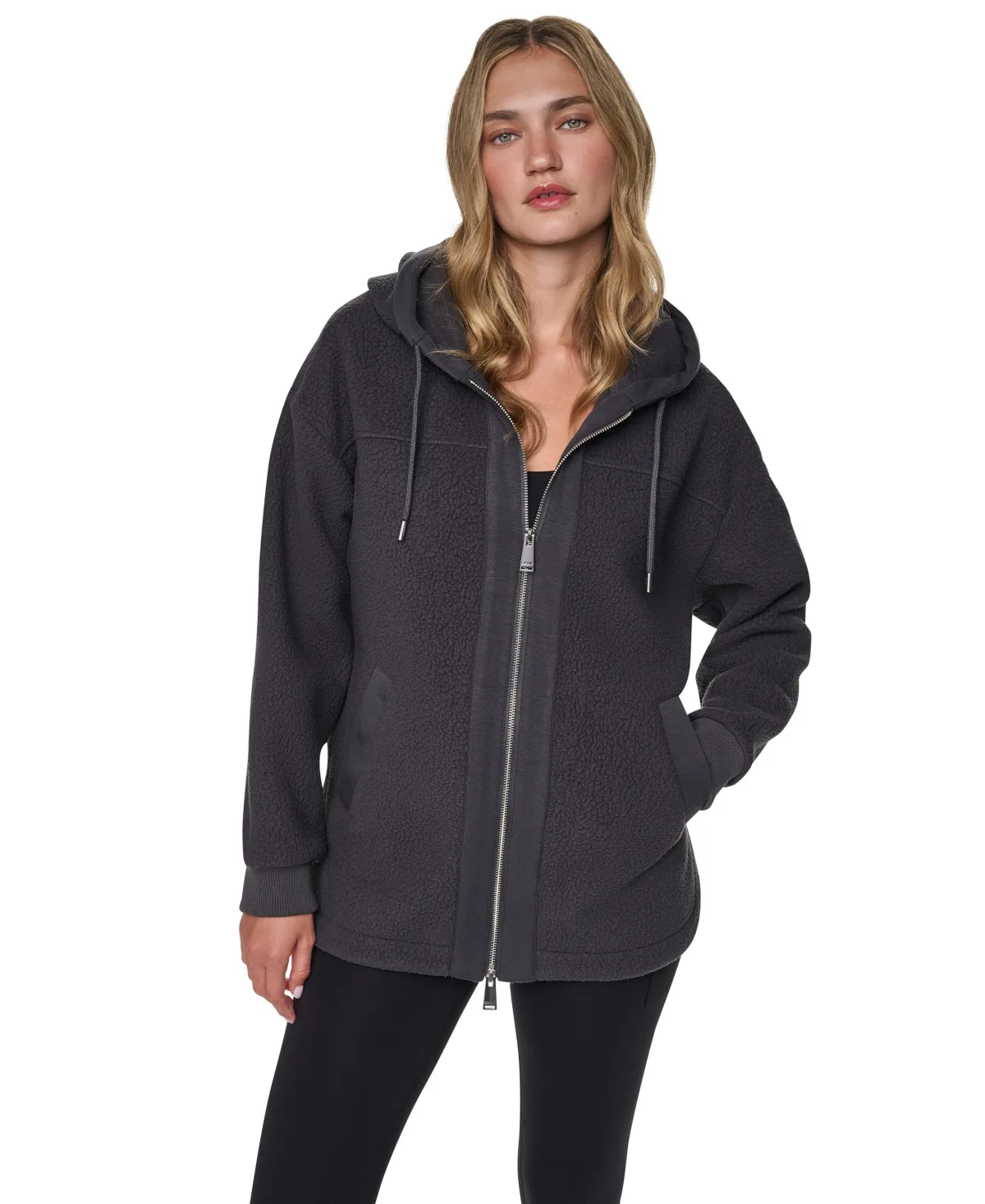 Placid Sherpa Hooded High-Low Curved-Hem Jacket by DKNY