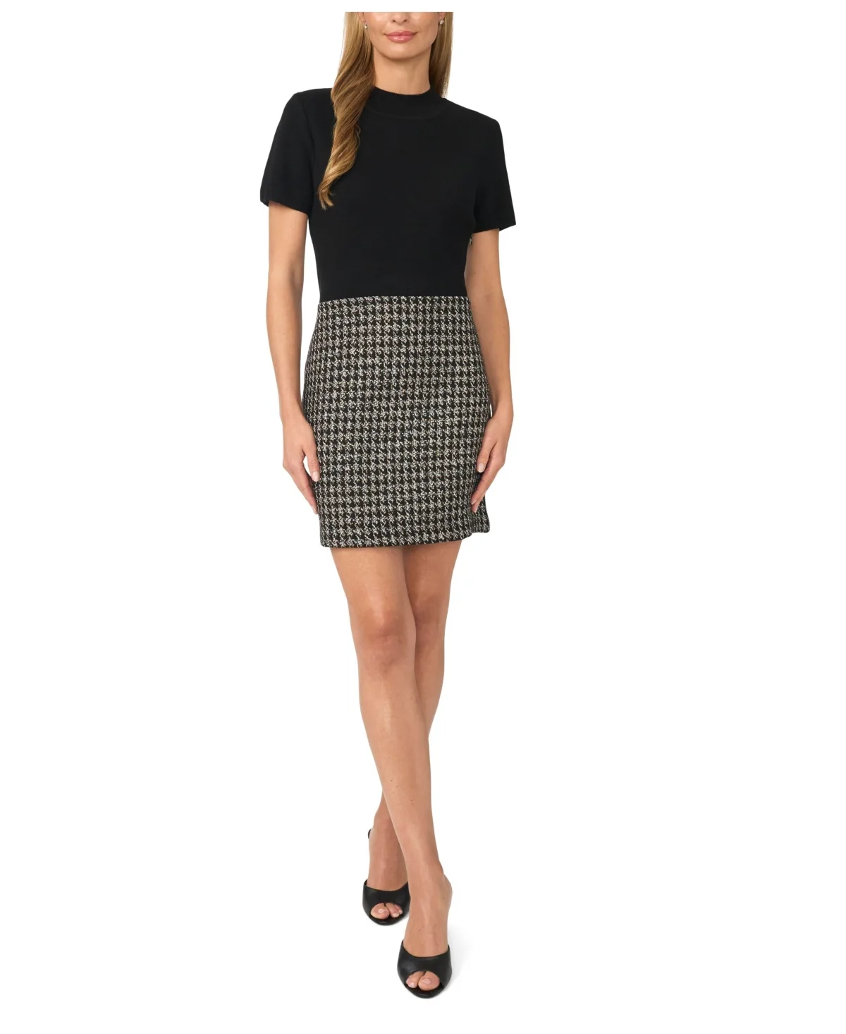 Mock Neck Short Sleeve Tweed Mini Dress