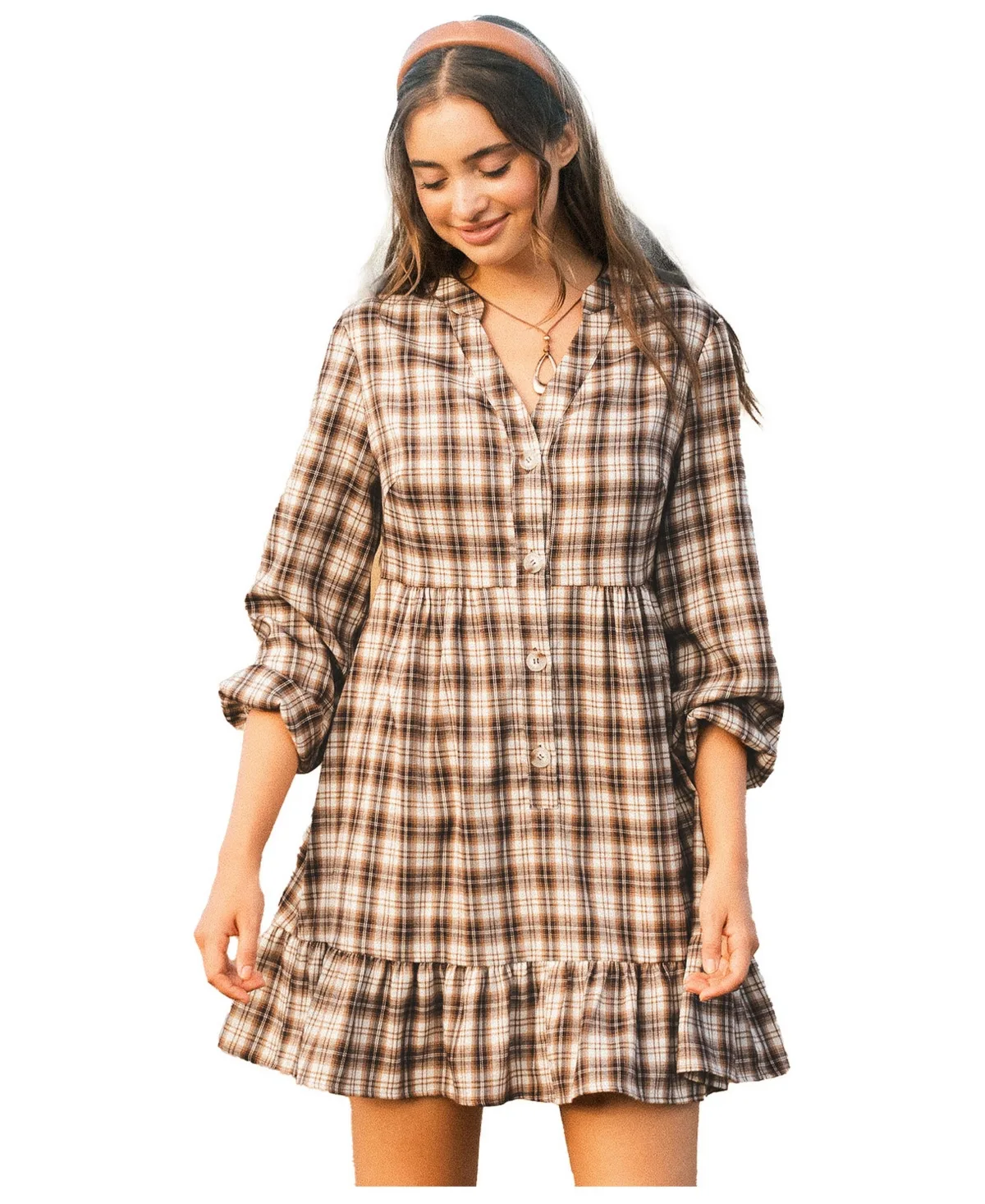 Soft Autumn Plaid Long-Sleeve Tiered Mini Dress by Cupshe