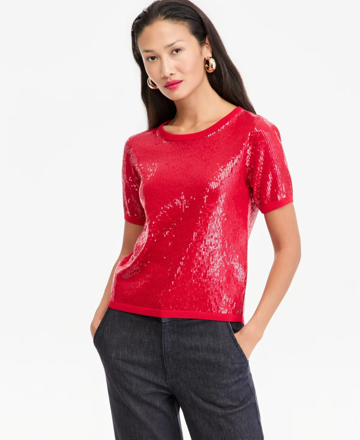 Sequin Short-Sleeve Crewneck Sweater by INC International Concepts