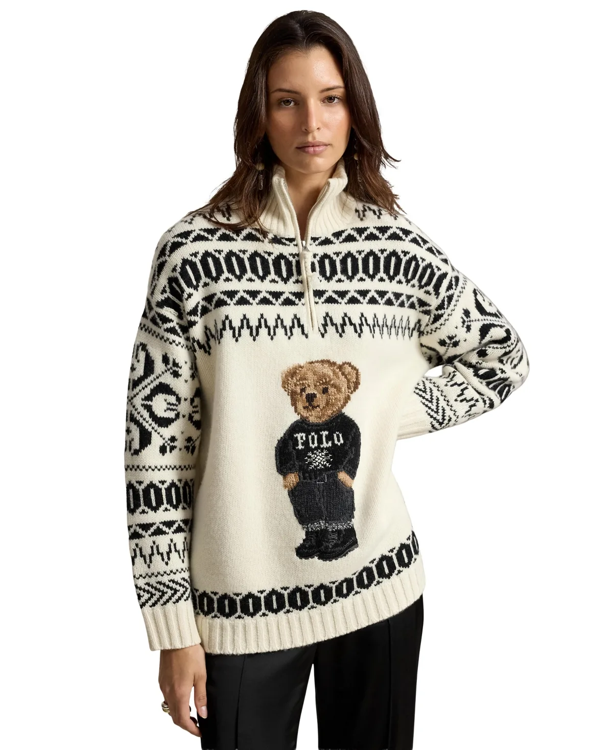 Ski Polo Bear Fair Isle Mock Neck Quarter-Zip Sweater