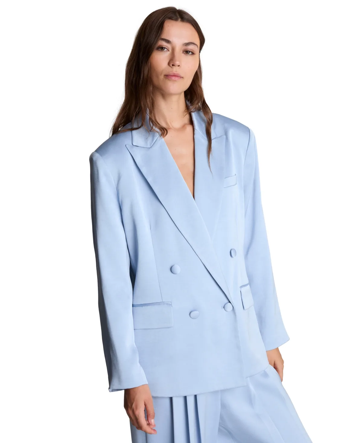Double-Breasted Boyfriend Washed Satin Blazer by Kenneth Cole