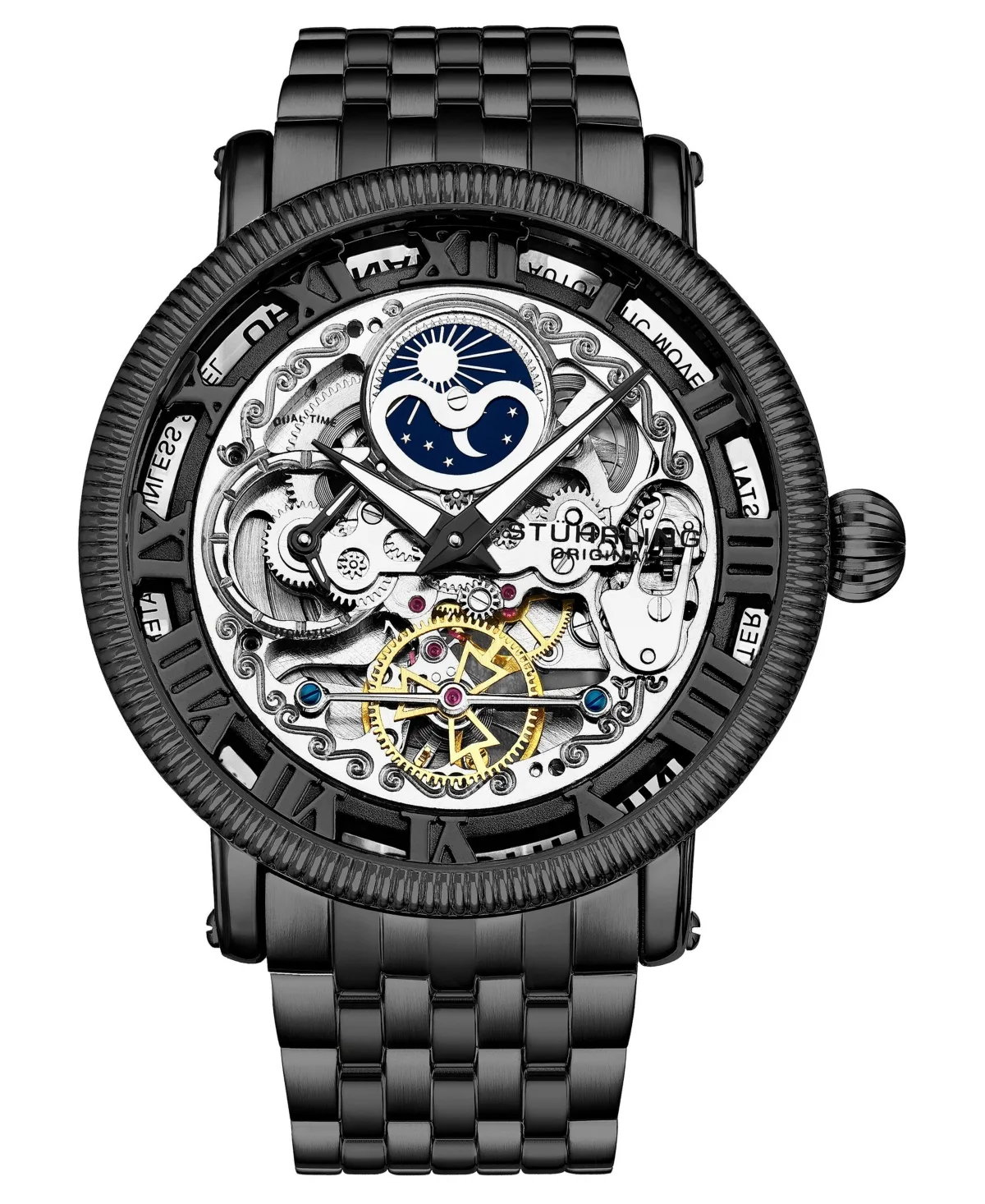 Special Reserve 3922.5 Automatic Skeleton Dual Time Watch, 48mm Black Case, Black Dial, Black Stainless Steel Bracelet by Stuhrling