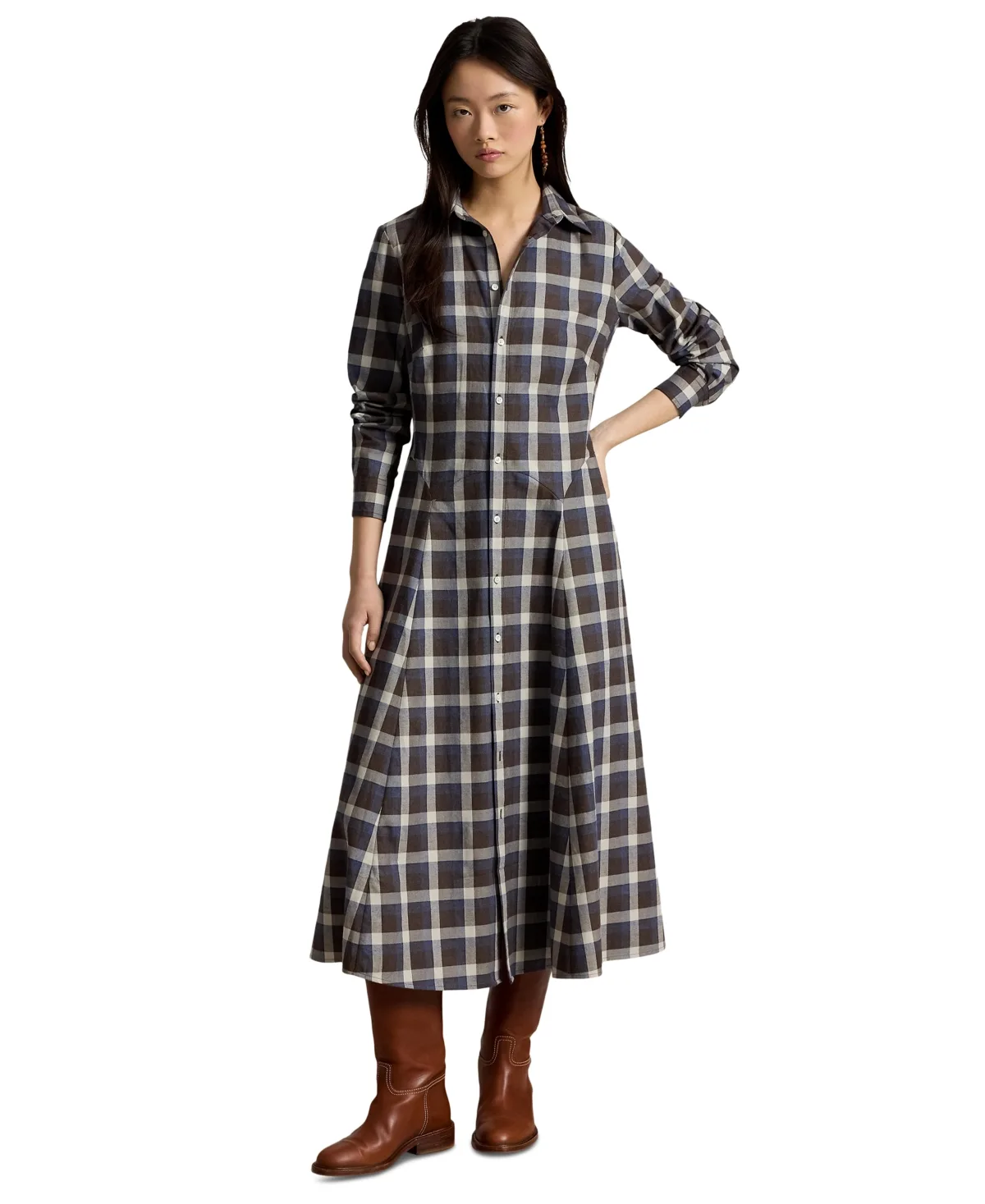 Plaid Long-Sleeve Midi Shirt Dress by Polo Ralph Lauren