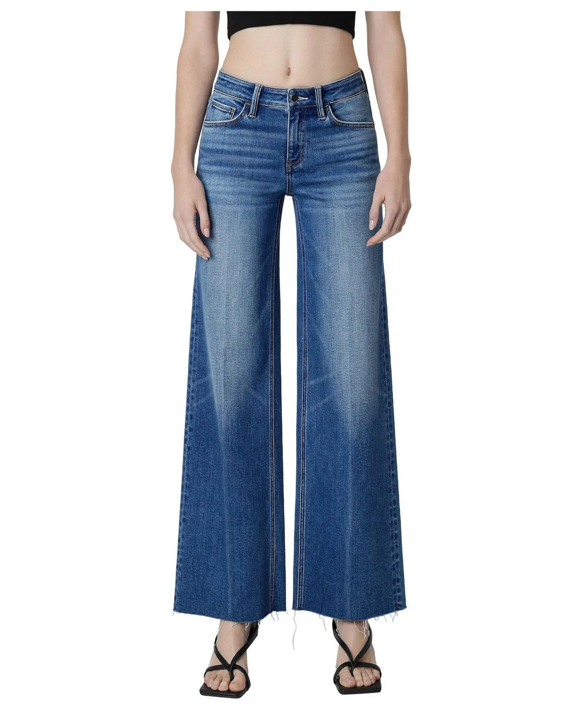 Fine Mid Rise Wide Leg Raw Hem Jeans