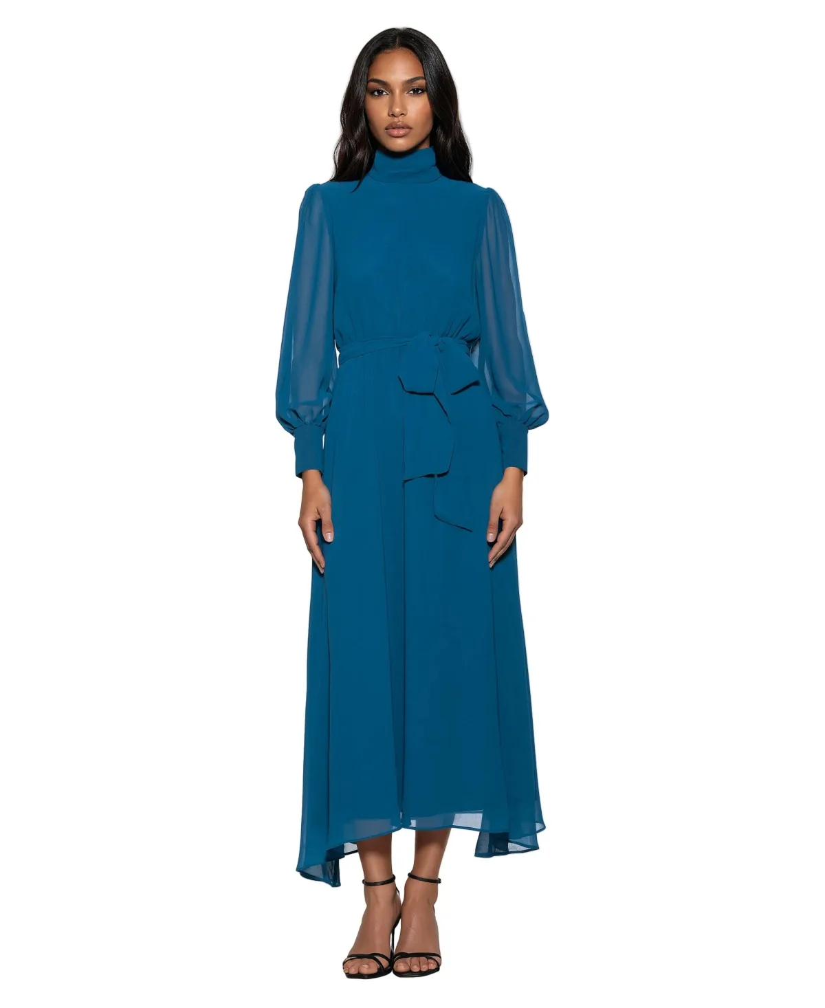 Thiago A-Line Maxi Sheer Blouson Sleeves Mock Neck Dress by Alexia Admor
