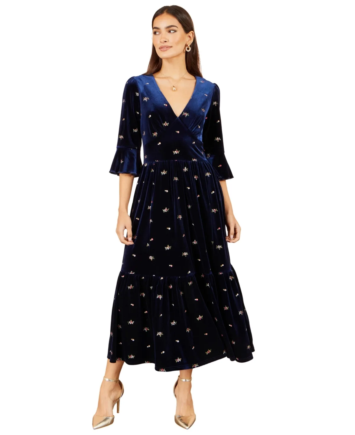 Velvet Embroidered V-Neck Midi Dress
