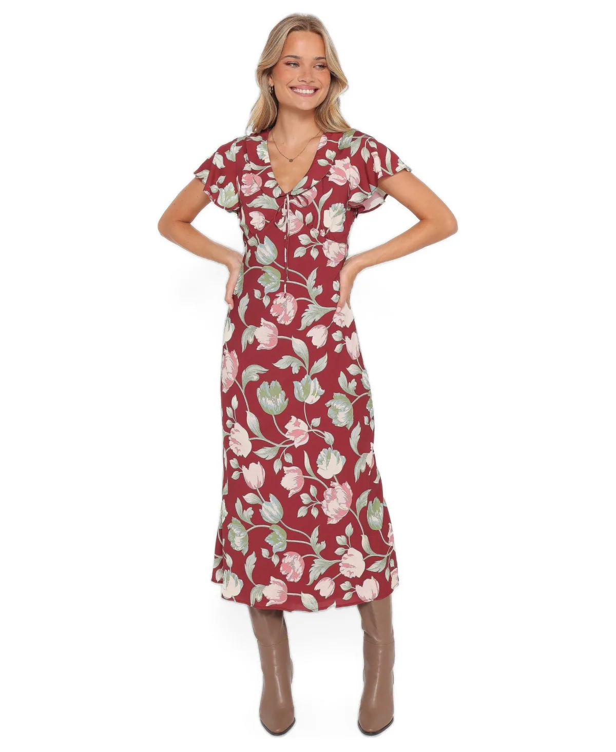 Linden Floral V-Neck Flutter-Sleeve Midi Dress by Petal and Pup