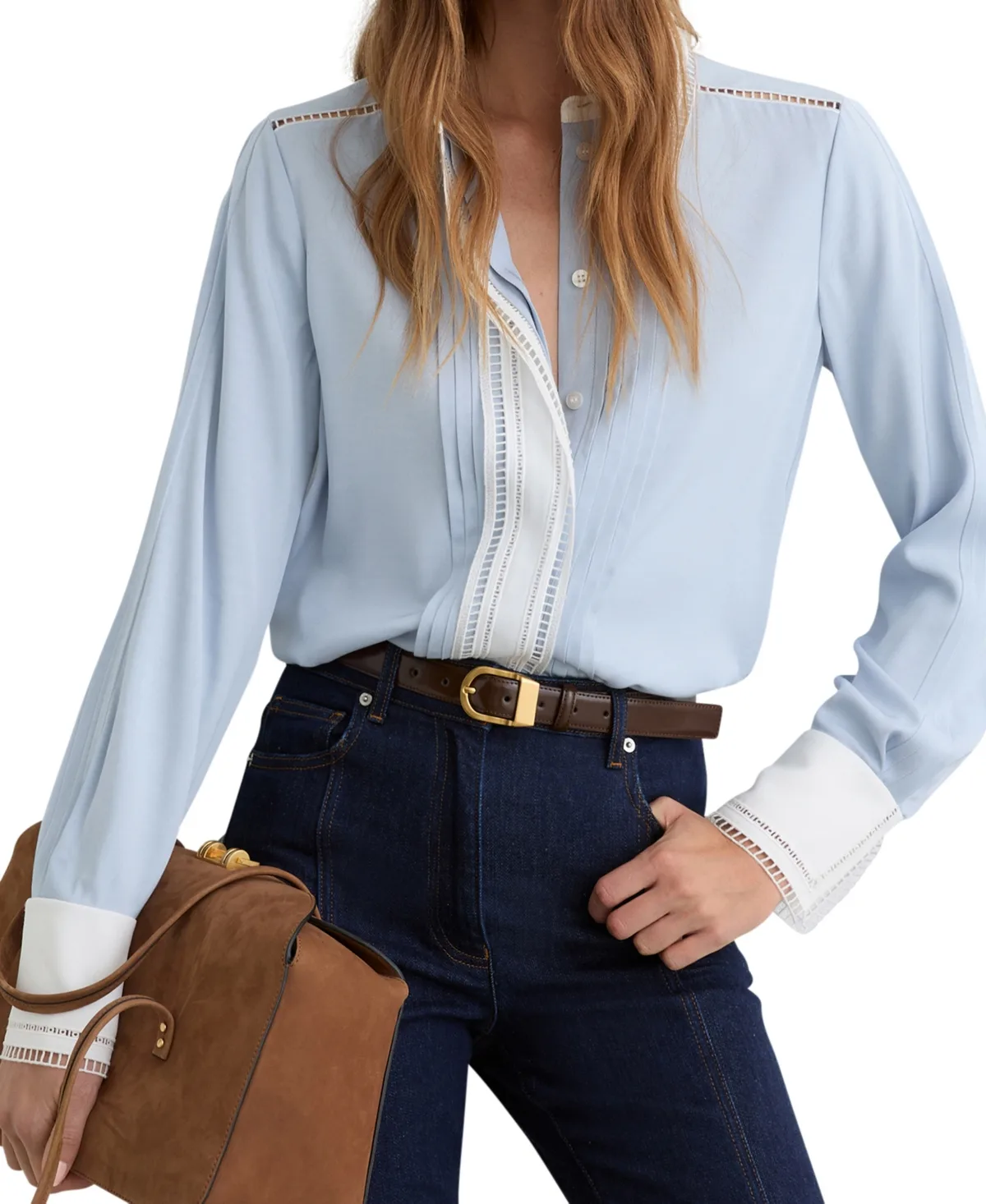 Tipped Long-Sleeve Lace-Trim Pleated Shirt by Reiss
