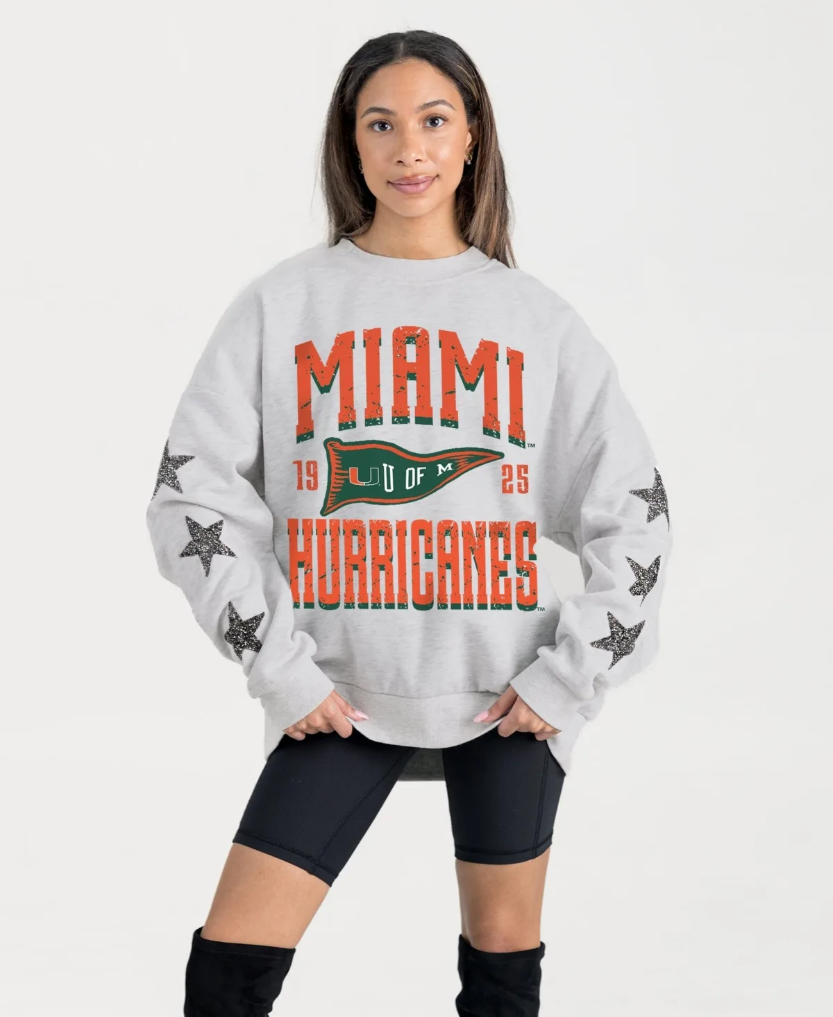 Miami Hurricanes Oversized Pennant Pride Rhinestone Star Sleeve Sweatshirt