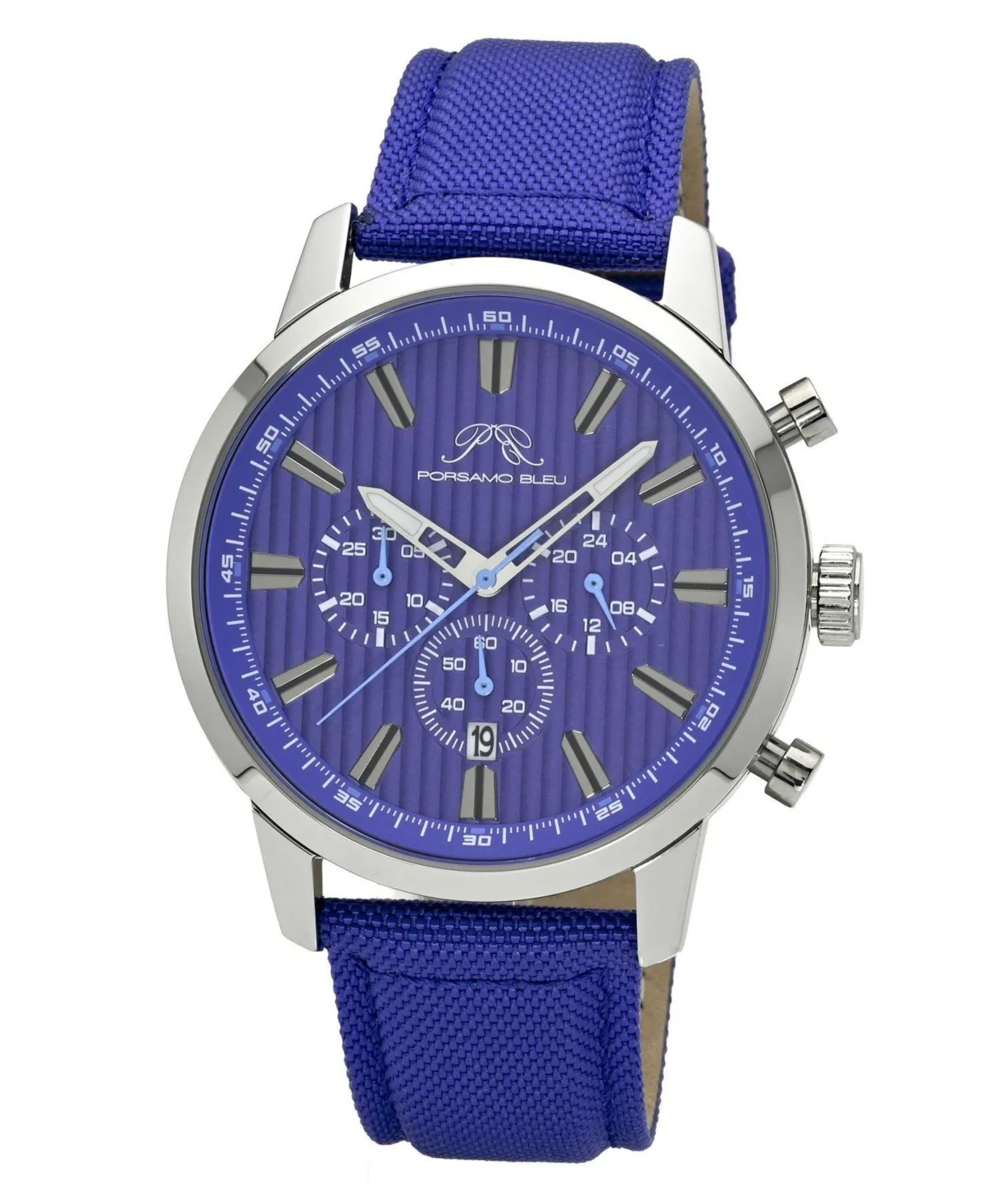 Ryder Chronograph Blue Canvas Band Silver Tone Watch 44mm by Porsamo Bleu