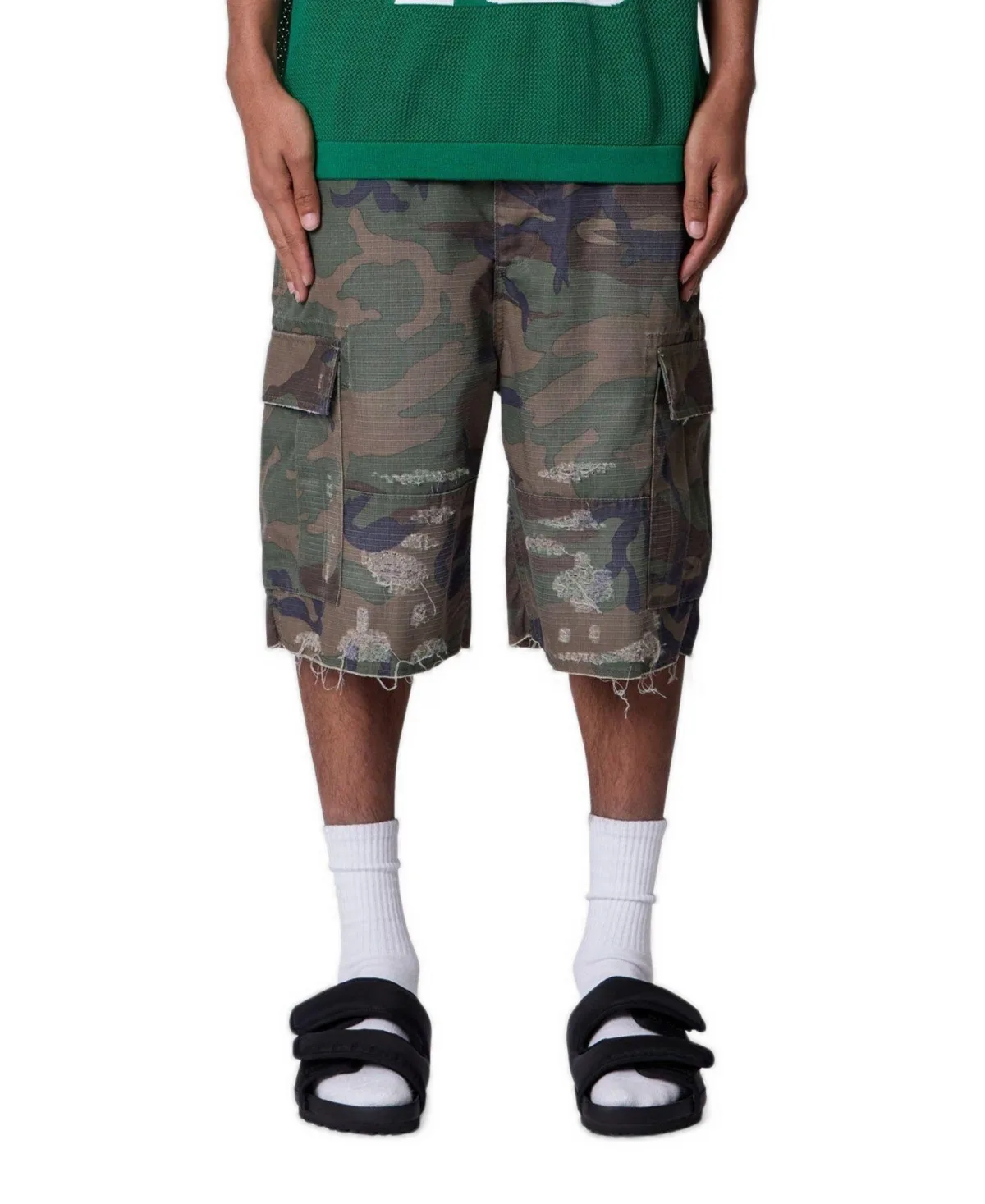 Baggy Distressed Camo Cargo Shorts, 10" Inseam by Mnml