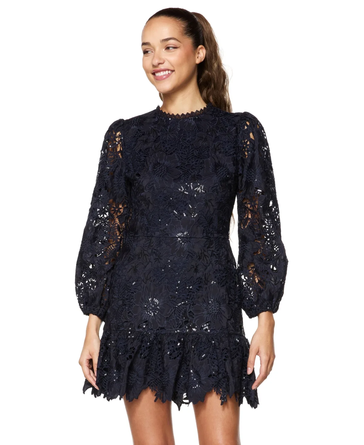 Long-Sleeve Embroidered Scalloped Dress by Alex & Sophia