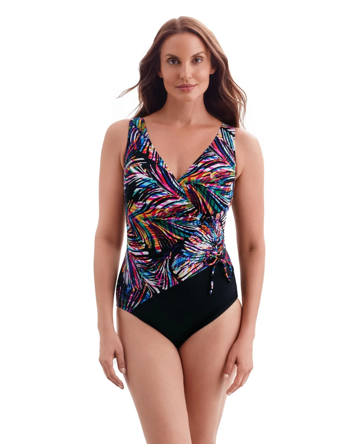 Shirred Faux Tie Surplice One Piece Swimsuit by Longitude
