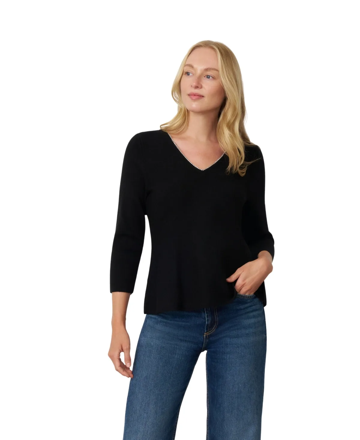 Rhinestone Trim Peplum Sweater by Cable & Gauge
