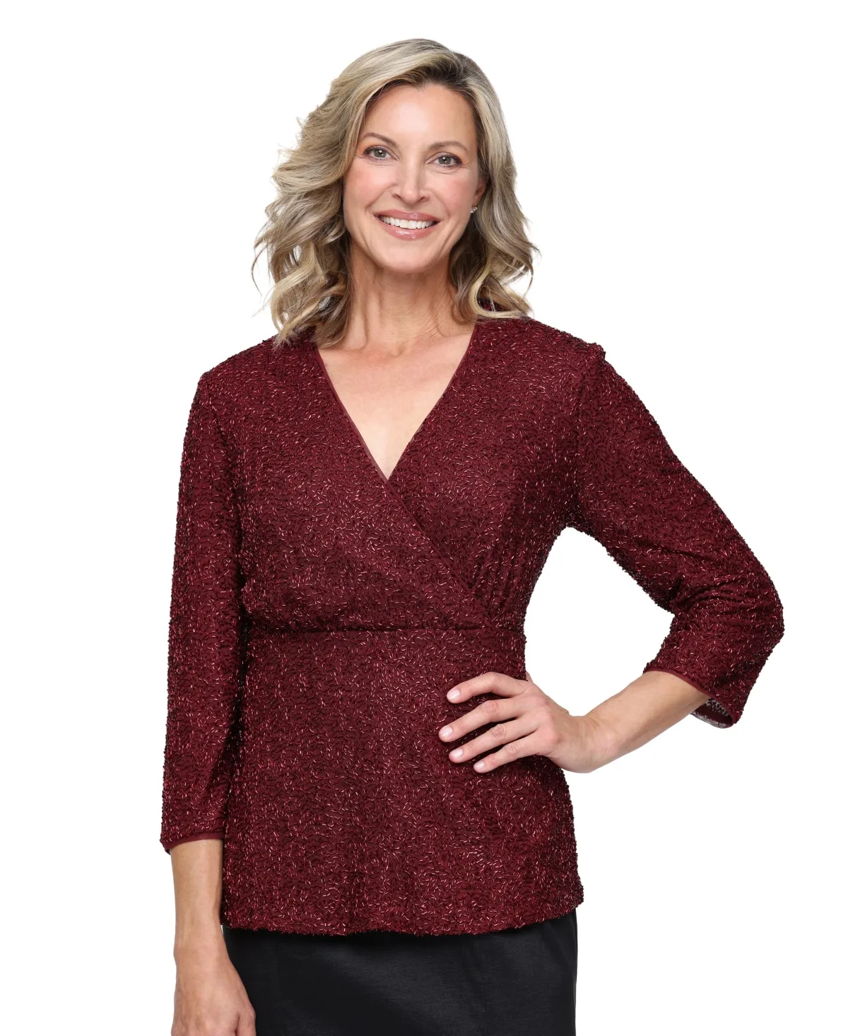 3/4-Sleeve Surplice Neckline Peplum Blouse by Alex Evenings