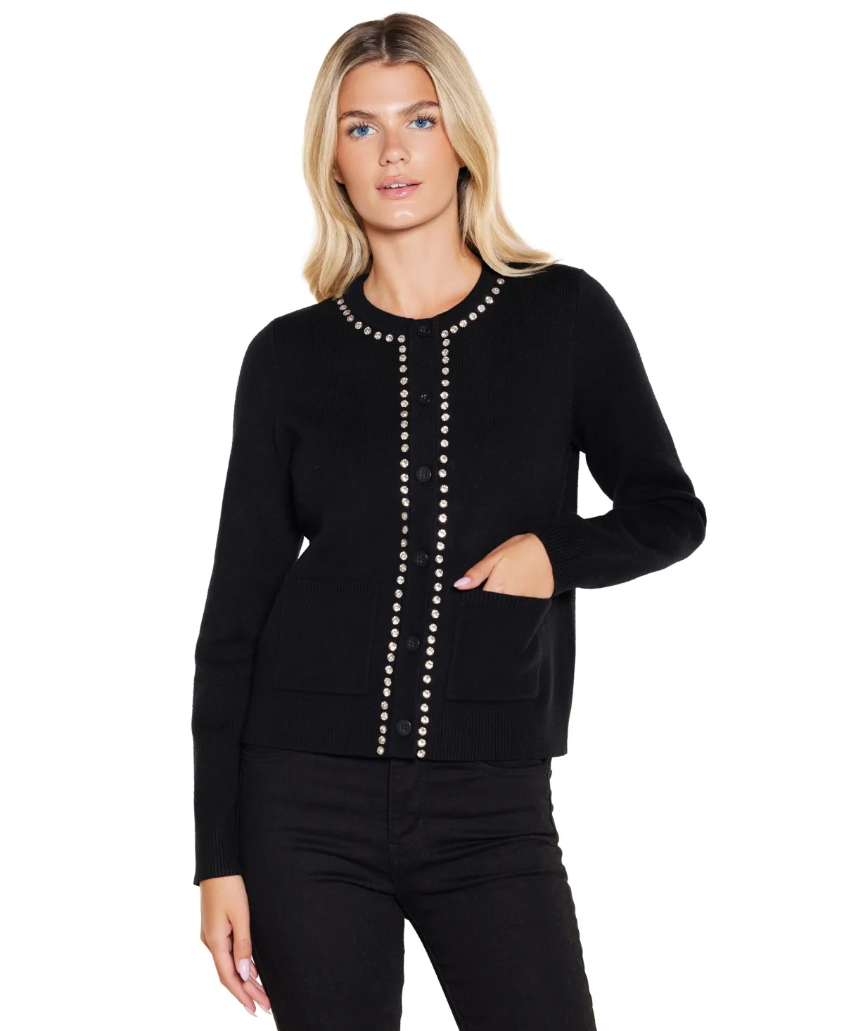 Embellished Button-Front Long-Sleeve Cardigan by Belldini