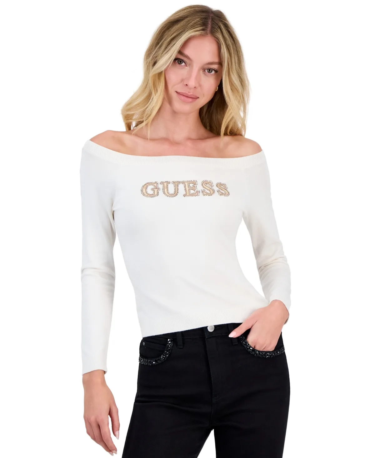 Liliana Off-the-Shoulder Long-Sleeve Embroidered Sweater by GUESS