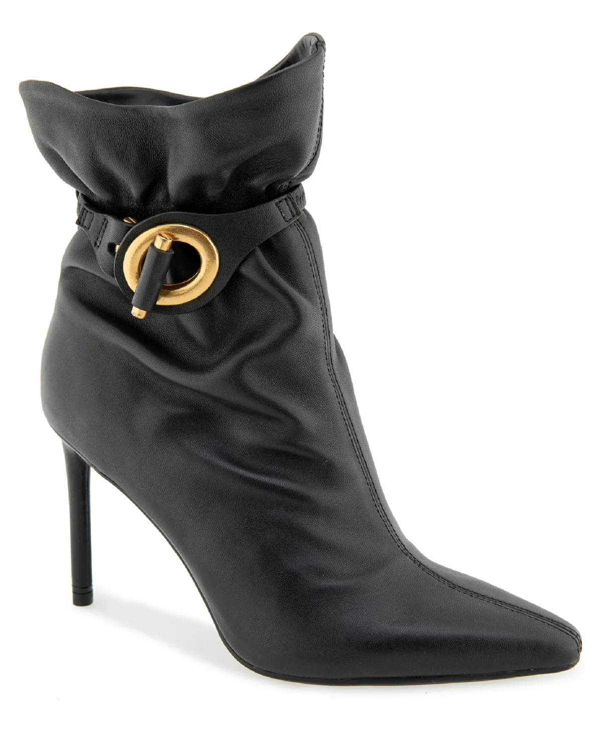 Kenneth Cole New York Quinta Pointed Toe Stiletto Oversized Buckle Ankle Booties - Black Leather by Kenneth Cole