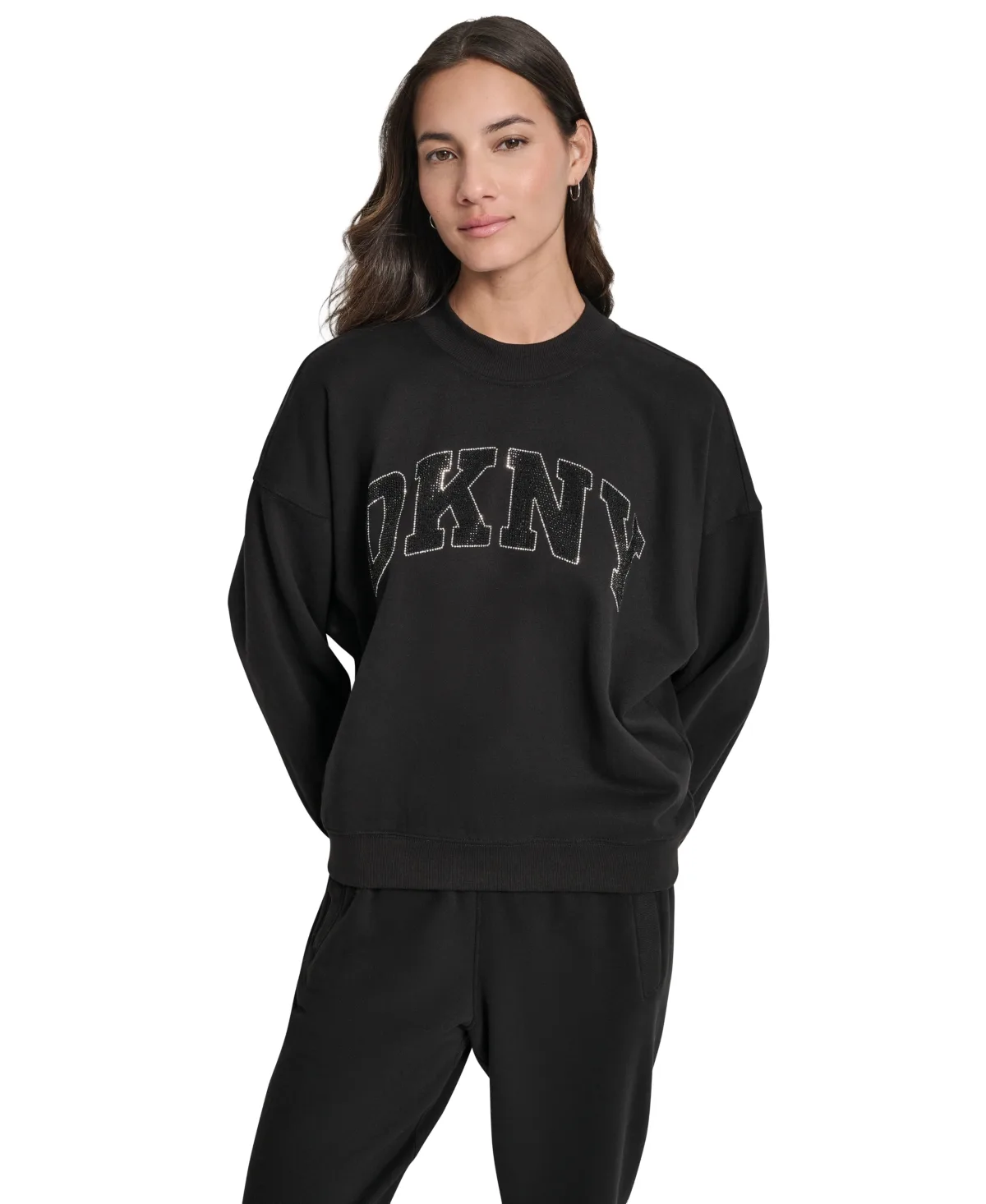 Dkny Sport Arched Rhinestone Varsity Logo Graphic Long-Sleeve Crewneck Sweatshirt
