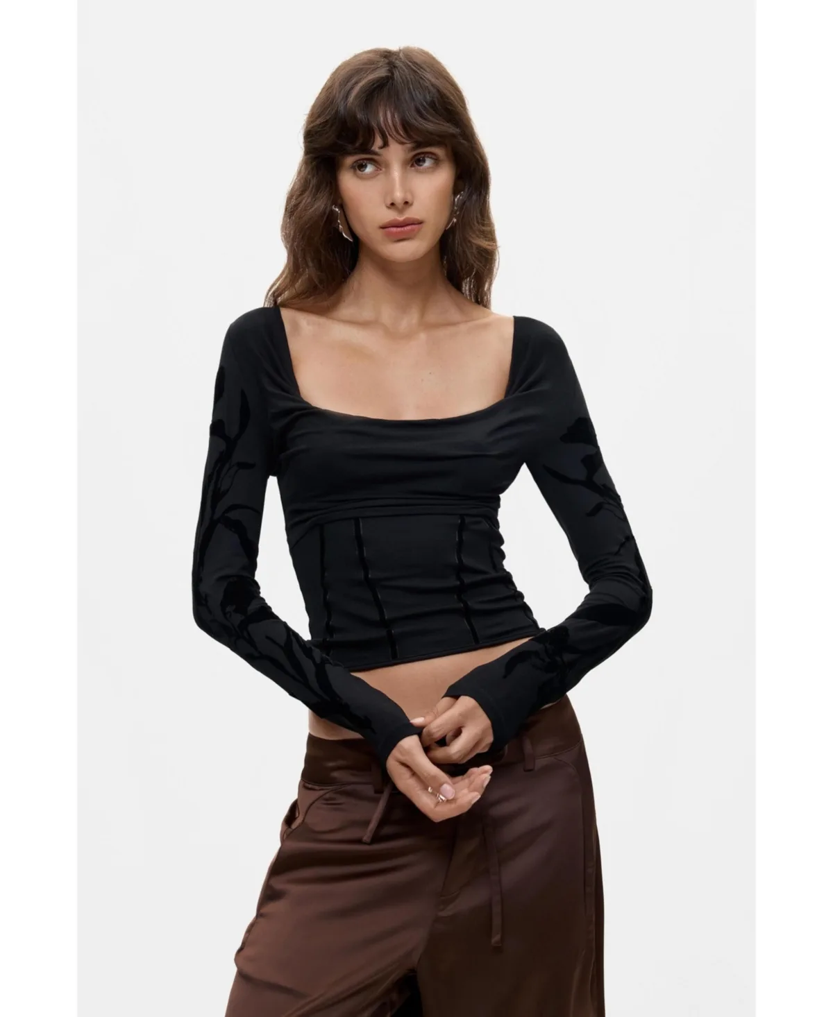 Long-Sleeve Draped Cropped T-Shirt