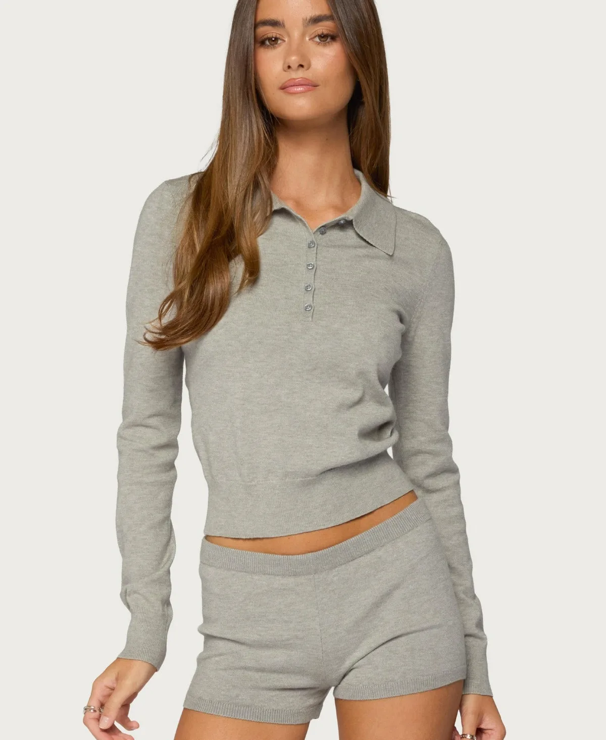 Edele Knit Long Sleeve Polo Top by Edikted