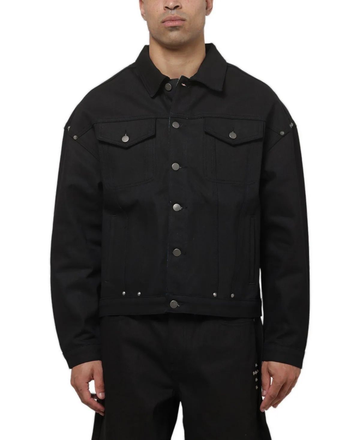 Crucible Trucker Oversized-Box-Fit Metal-Stud Denim Jacket by Saint Morta
