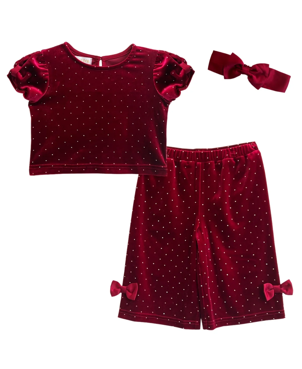Velvet Puff-Sleeve Embellished Top, Shorts and Hairbow, 3-Piece Set by Blueberi Boulevard