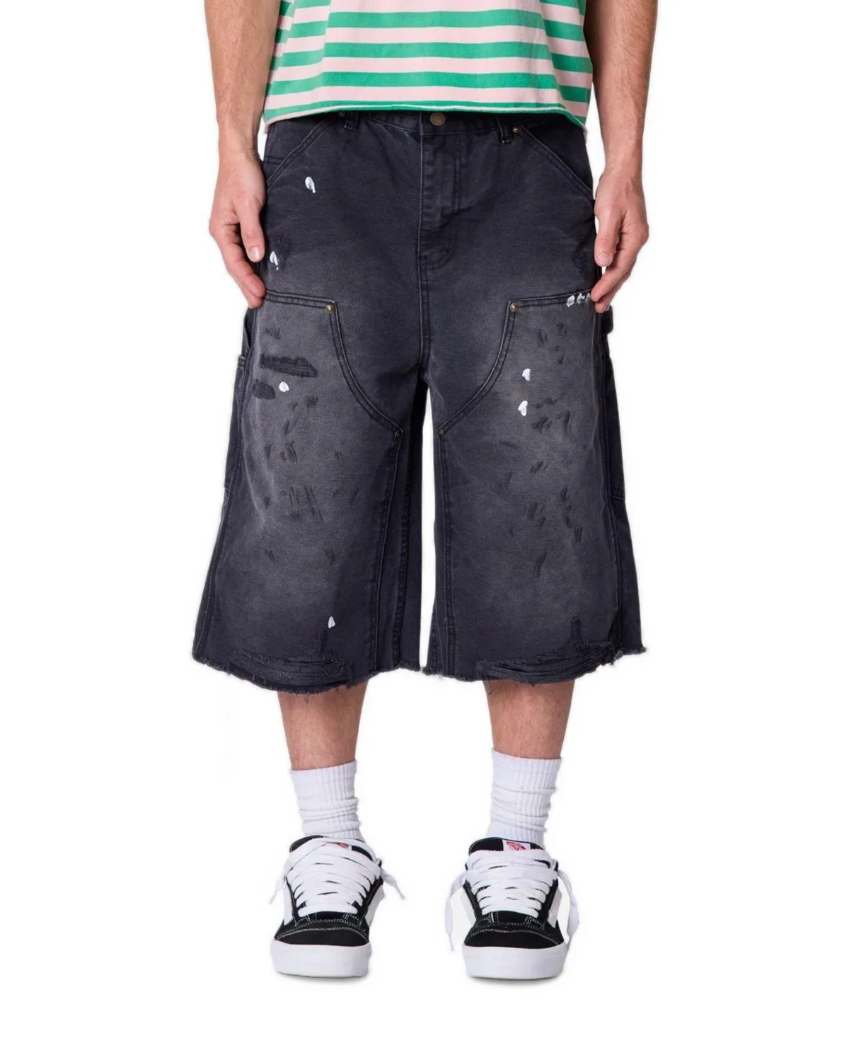 Ultra Baggy Carpenter Paint Splatter Denim Shorts, 9" Inseam by Mnml