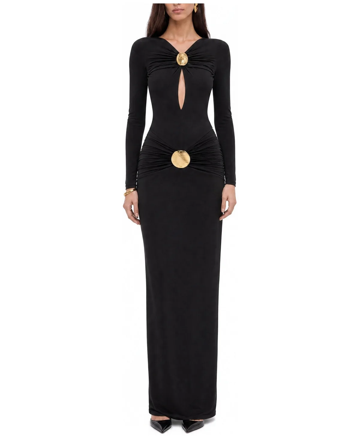 Cut-Out Disc Detail Long-Sleeve Maxi Dress by Nocturne